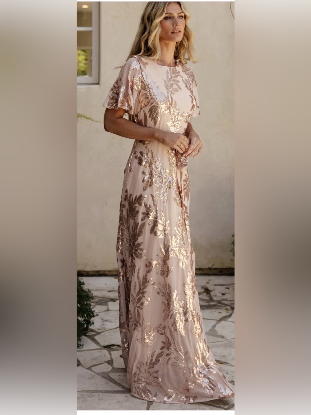 Blush Rose Gold Sequin Maxi Dress with Flutter Sleeve Detail